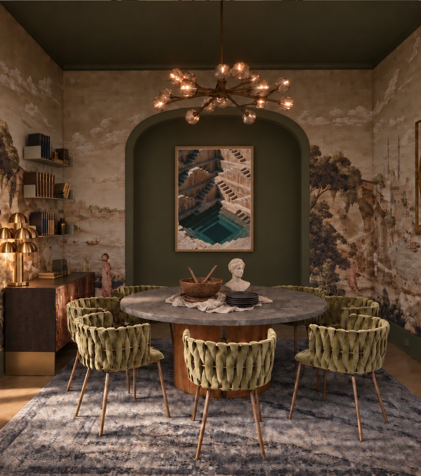 Dining room with woven green chairs beneath an arched niche