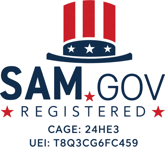 SAM.gov registered entity, CAGE 24HE3, UEI T8Q3CG6FC459