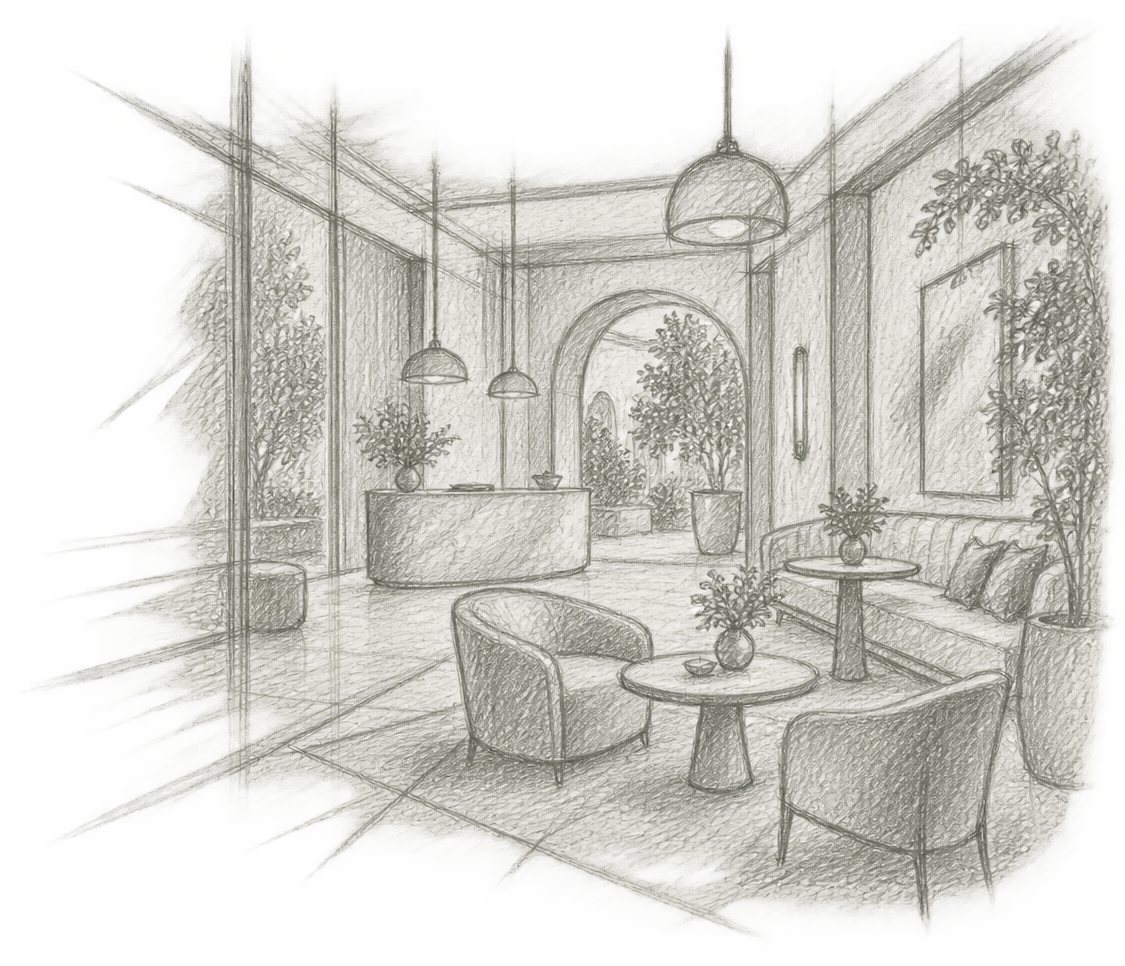 Hospitality & Boutique Stays — hand-drawn concept sketch