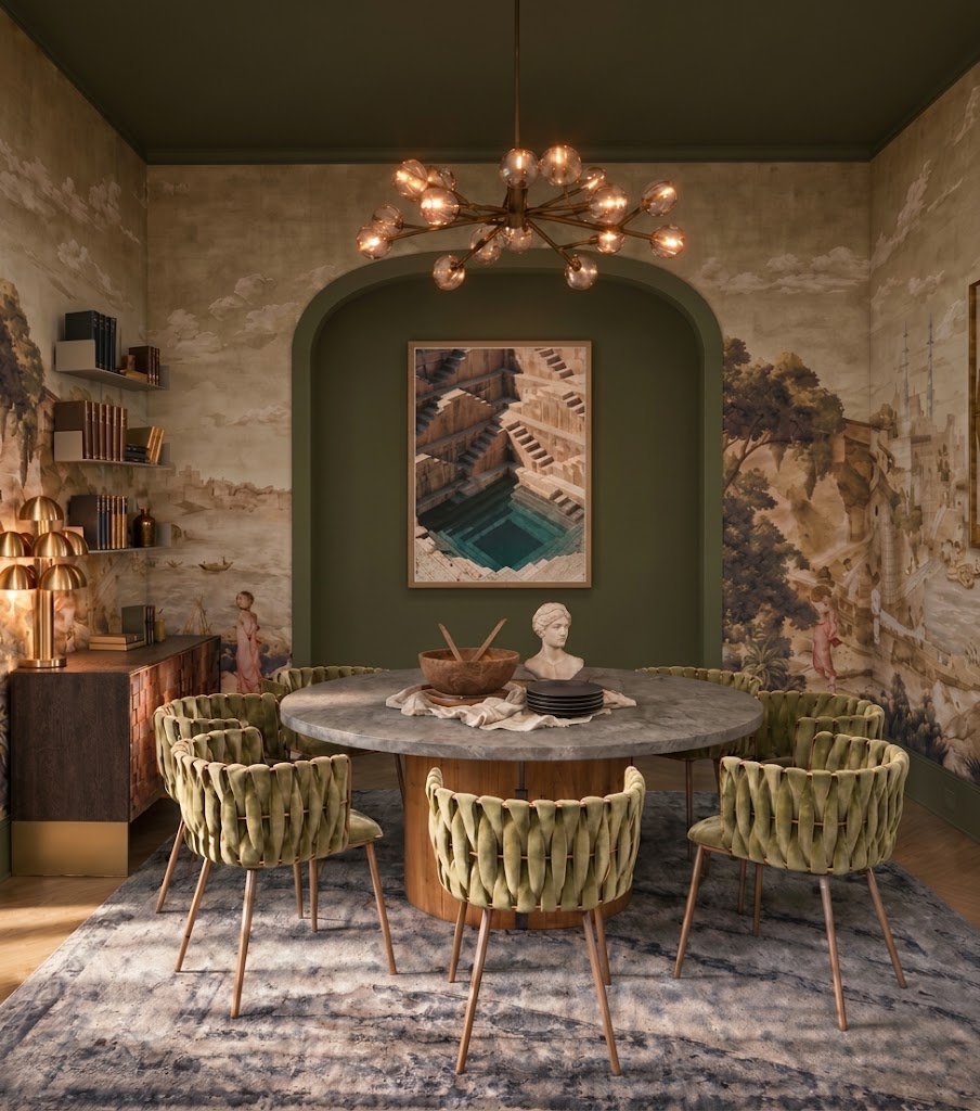 Dining room with woven green chairs beneath an arched niche